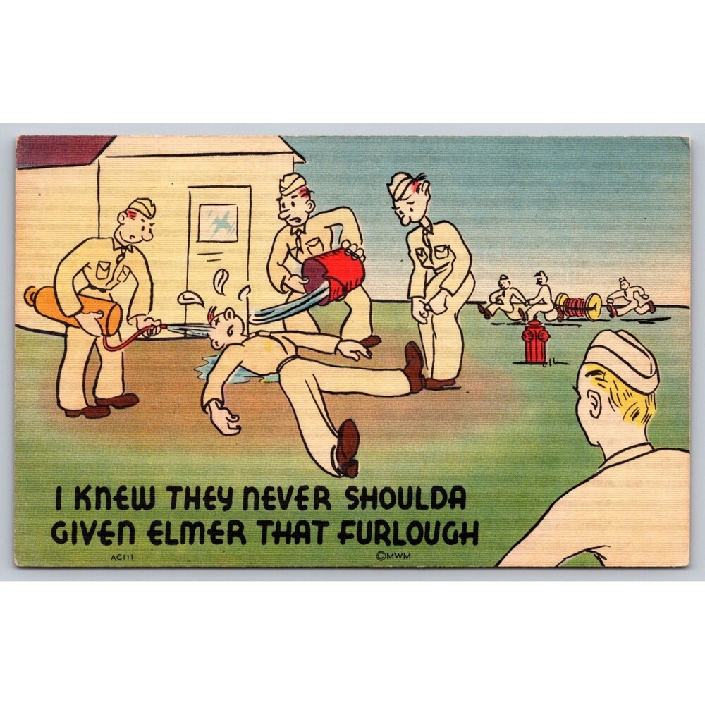 Vintage WWII Comic Postcard MWM AC111 Elmer Furlough Army Humor Unused Linen
